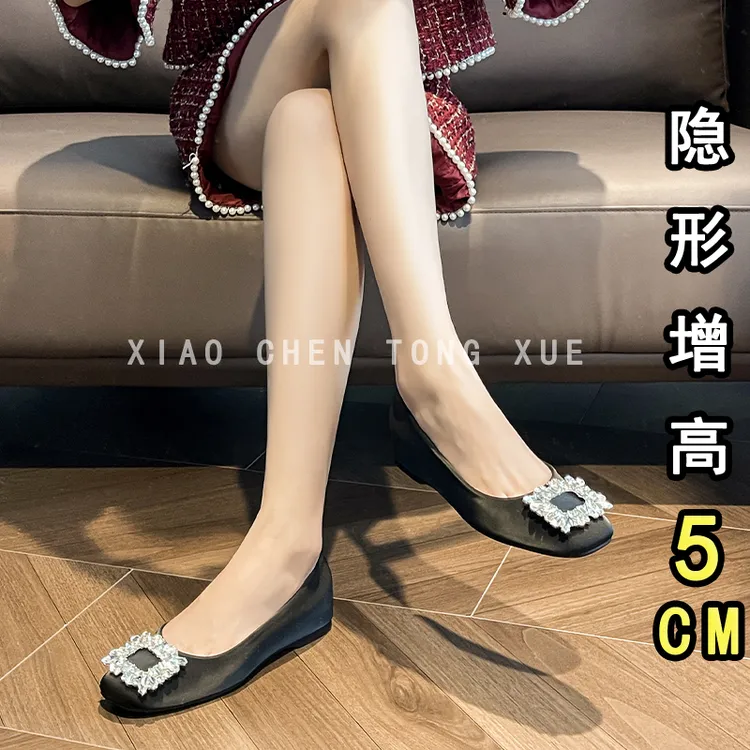 增高版~5cm小个子内增高法式水钻方扣单鞋女软底真丝绸缎芭蕾舞鞋