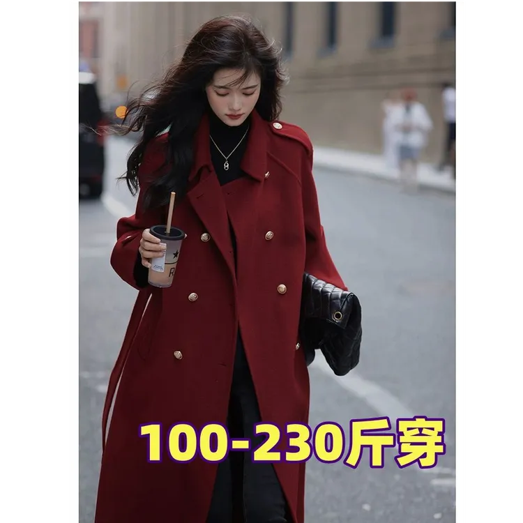 高级红色大码毛呢外套秋冬胖mm加厚中长款呢子大衣新年战袍200斤