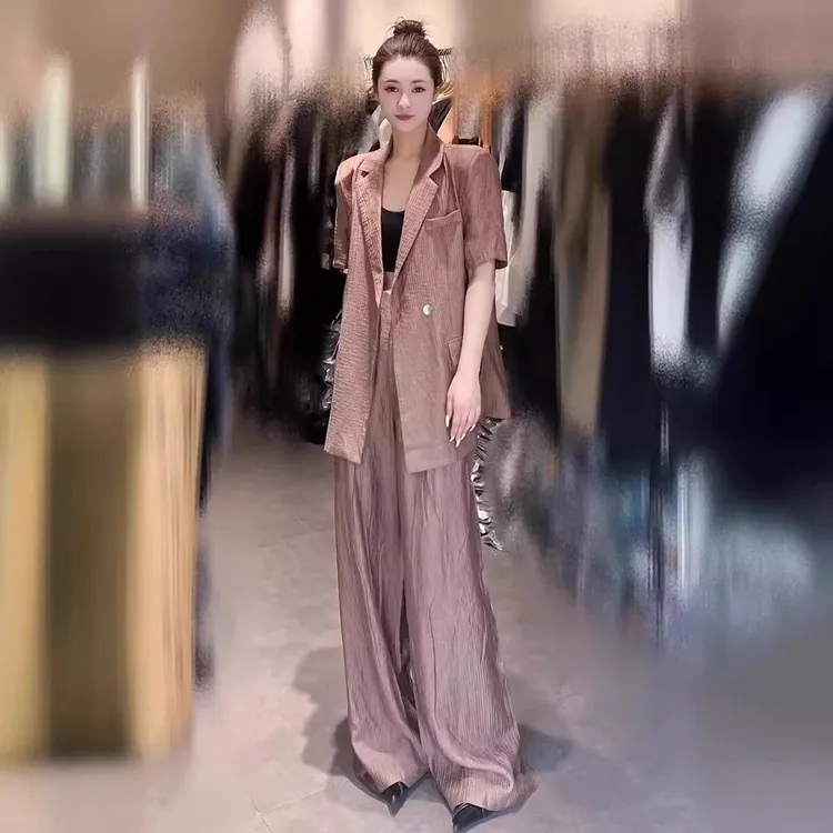 大码欧货时尚薄款西装套装女夏胖mm短袖洋气西服外套阔腿裤两件套