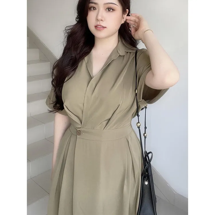 大码女装法式高级设计感衬衫连衣裙夏秋新款胖MM收腰显瘦遮肚长裙