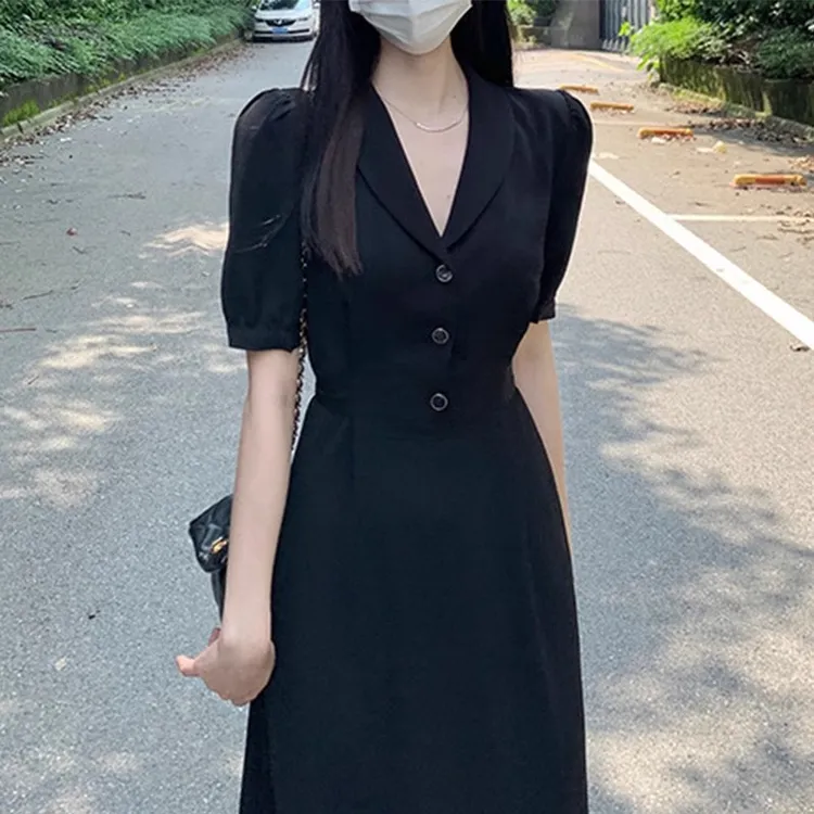 夏装新款雪纺大码西装连衣裙减龄遮肚显瘦复古胖mm法式赫本小众裙