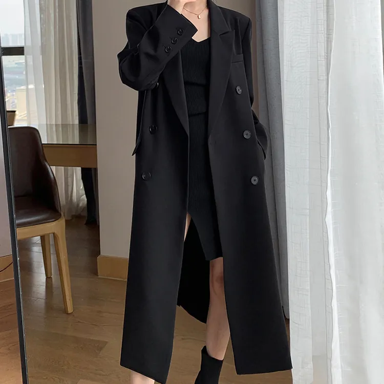 大码女装长款西装外套女2025春秋过膝韩版宽松休闲炸街胖mm风衣潮