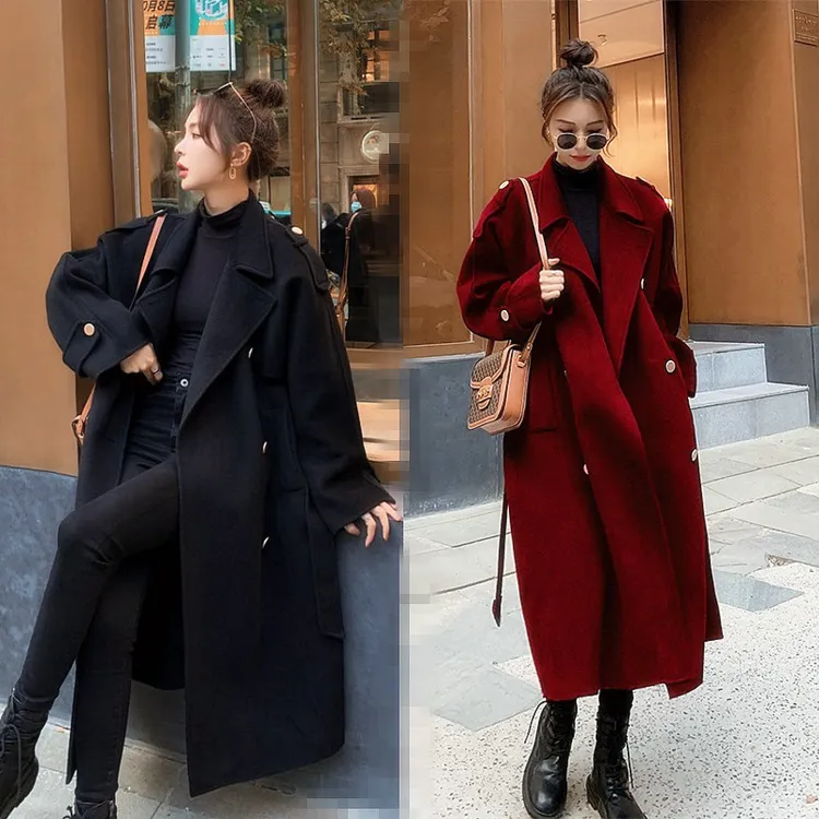 网红毛呢外套女大码胖mm宽松显瘦赫本风大衣过膝风衣小众200斤