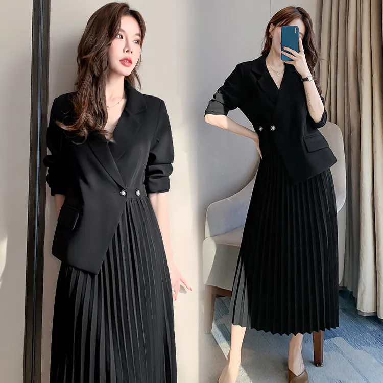 高级大码女装胖mm西装连衣裙女春秋新款韩版收腰显瘦过膝百褶裙子