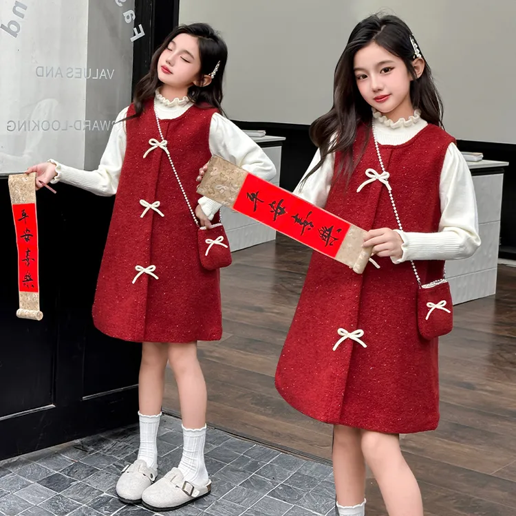 女童加绒背心裙秋冬装2025新款洋气红色毛呢公主裙大童加厚连衣裙