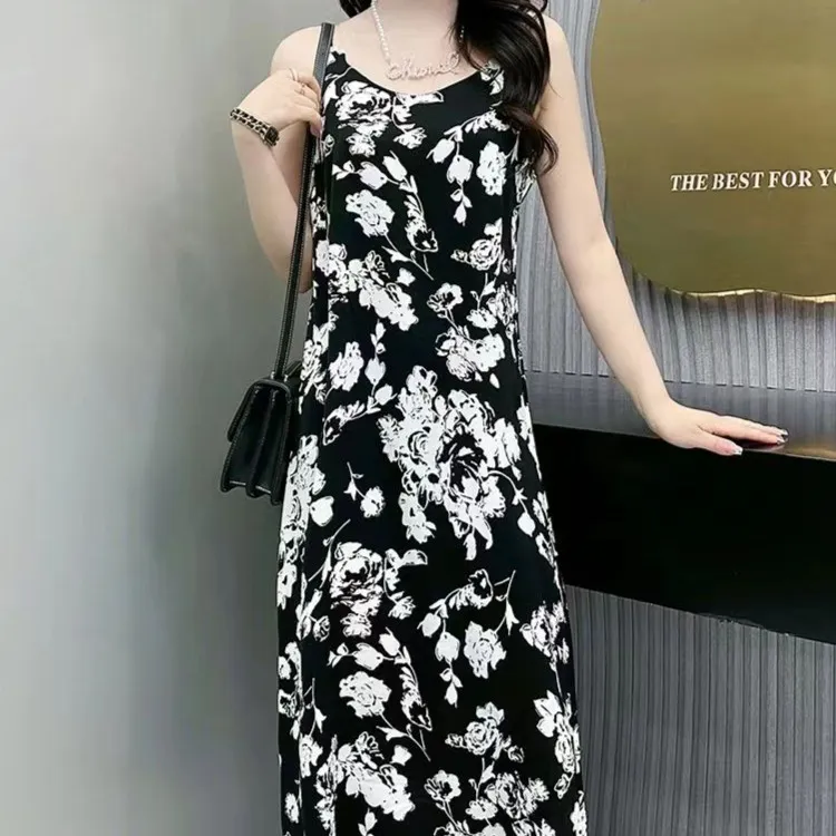 A字无袖春天显瘦吊带裙法式印花黑白气质女装夏季时尚连衣裙小众