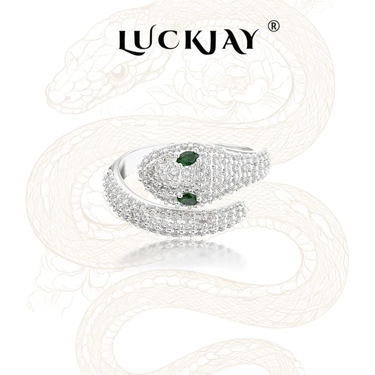 LUCKJAY 925银合成锆石戒指 满钻灵蛇戒指小蛇缠绕男女国潮开口戒