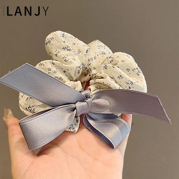 法式碎花泡泡褶皱蝴蝶结发圈温柔优雅气质百搭清新简约大肠发圈