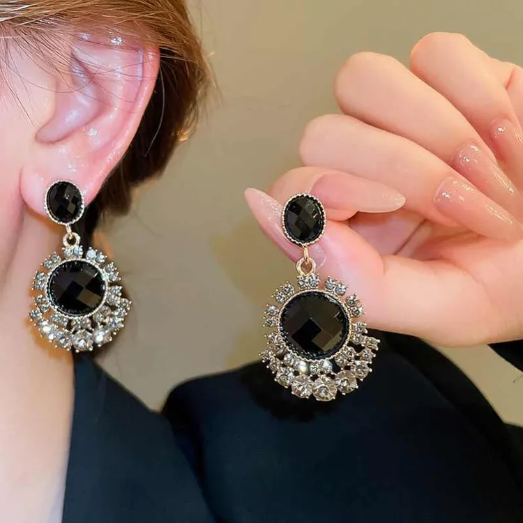 合金耳饰 轻奢重工~圆形黑色仿水晶耳环复古时尚夸张个性大气耳饰