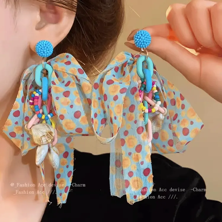 合金布艺耳饰 布艺蝴蝶结气质耳环个性小清新度假风时尚感耳坠女