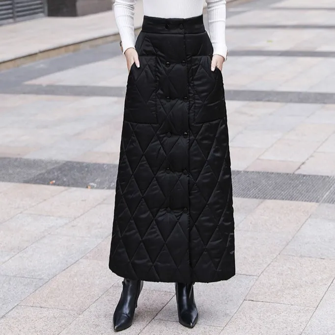 双排扣中长款显瘦半身裙冬季挡风保暖裙子时尚黑色防寒护膝棉裙女