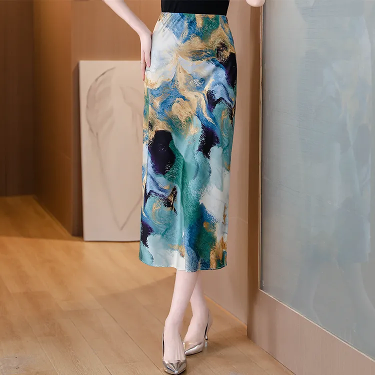 夏新款律动莫兰迪时尚水彩印花裙子新中式半身裙中国风高腰包臀裙