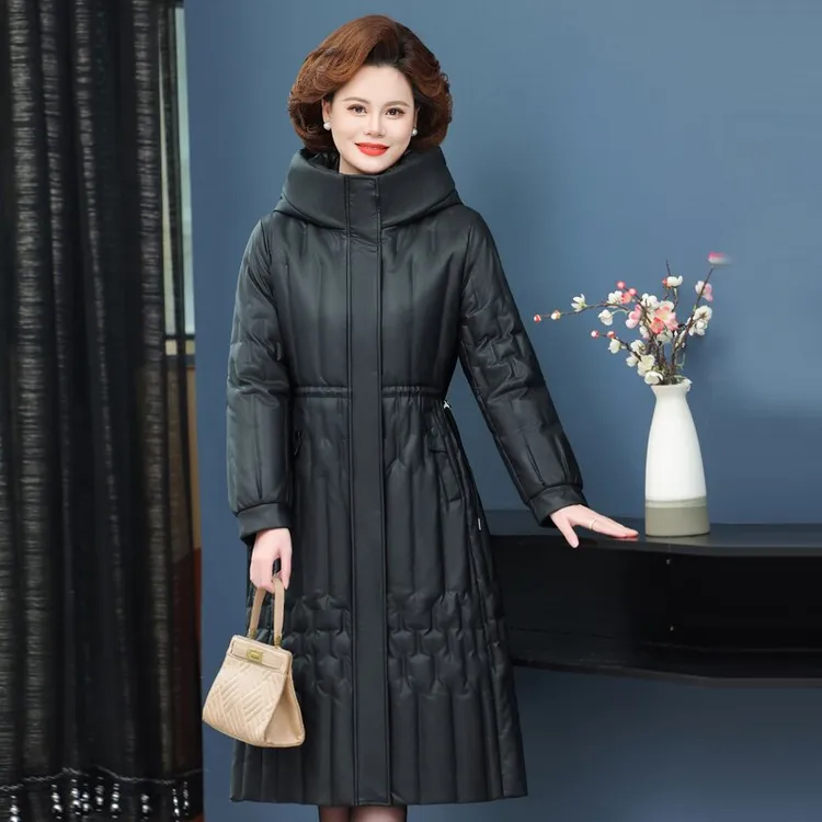 508长款绵羊皮大衣气质收腰加厚保暖冬季鹅绒服女外套