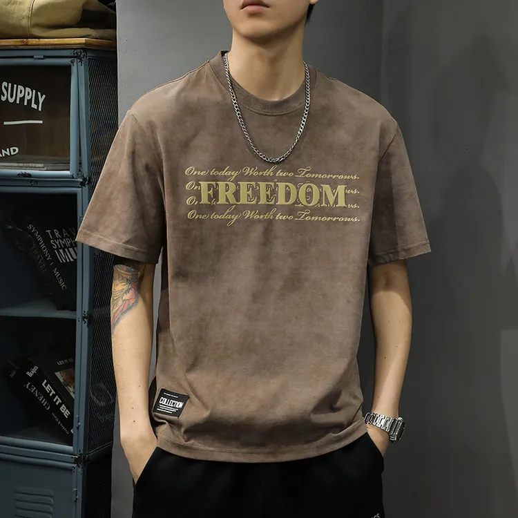夏季高级感重磅复古纯棉短袖T恤男潮牌印花宽松大码男士休闲体恤t