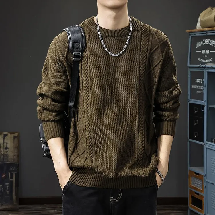 美式复古粗麻花格纹毛衣男宽松大码秋冬新款重磅针织衫胖子毛线衣
