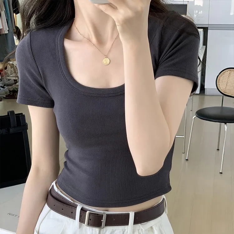 夏季正肩修身t恤女纯欲辣妹性感U领短款露脐弹力紧身低领显瘦上衣