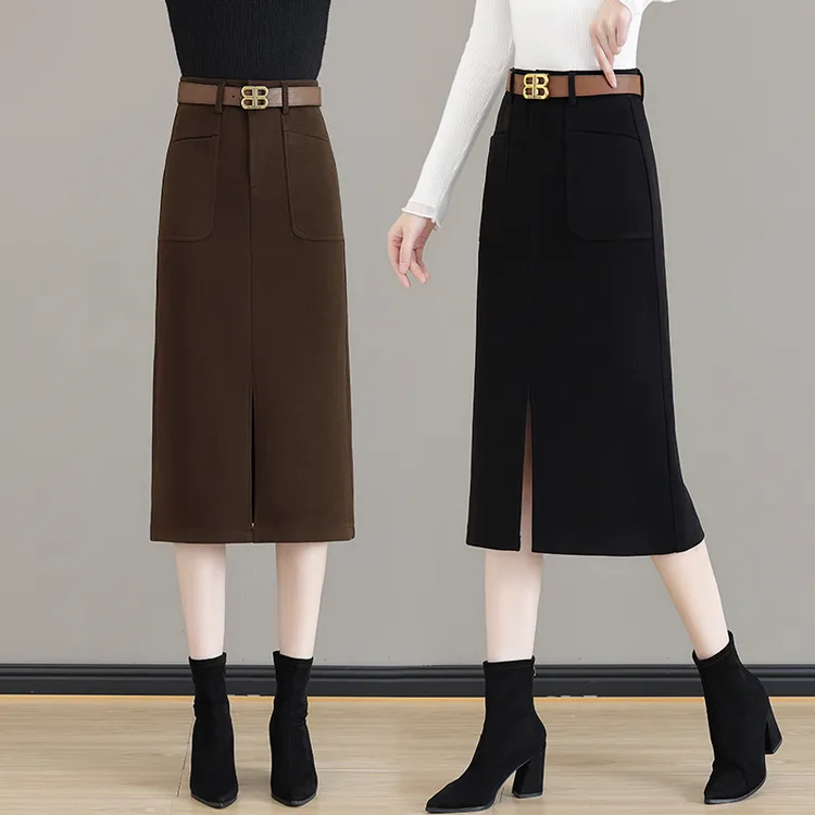 时尚半身裙2024秋冬款高腰显瘦黑色毛呢Aa字中长款百搭开叉一步裙