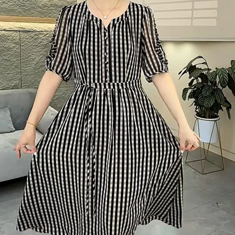 新款时尚格子连衣裙H洋气妈妈装休闲减龄遮肉显瘦中长款裙子1539