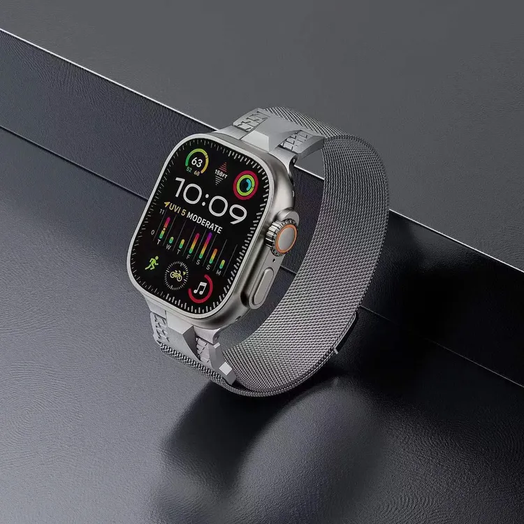 适用于苹果apple watch9新款机甲米兰磁吸金属表带Ultra2不锈钢带