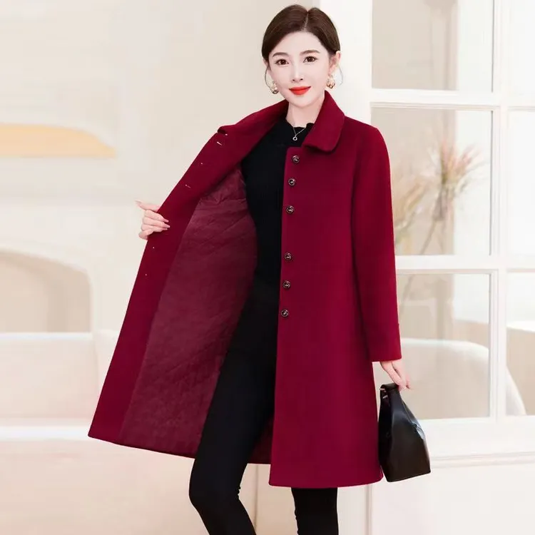 加棉加厚双面绒外套女中长款妈妈装秋2025秋冬季羊毛呢中老年大衣