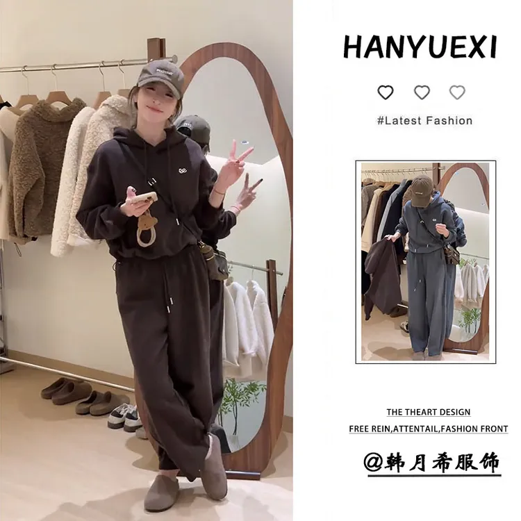 套装女2024新款爆款洋气秋冬时髦休闲风慵懒连帽卫衣阔腿裤两件套