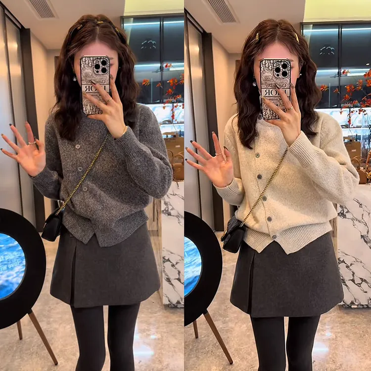 秋冬时尚一整套女装2025新款韩版不规则纽扣针织衫上衣短裙两件套