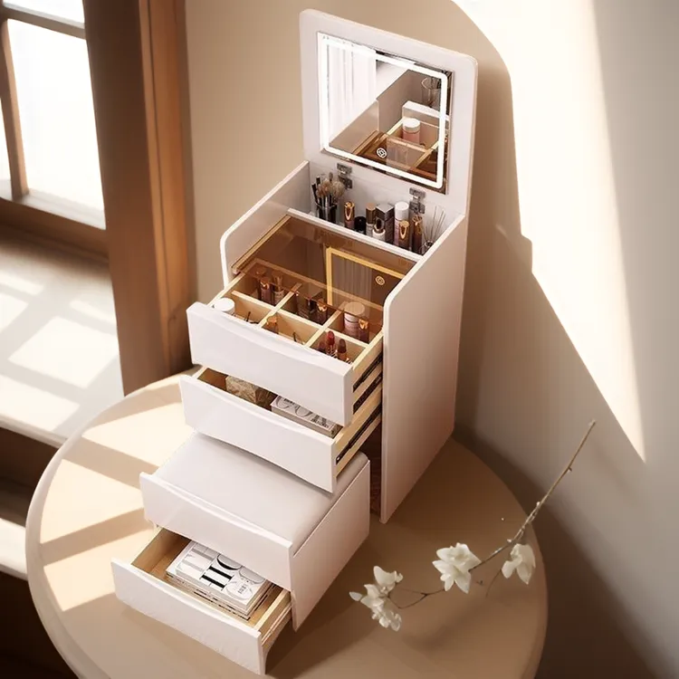 新款卧室折叠床头柜梳妆台二合一多功能可翻盖家用抽屉化妆桌带灯