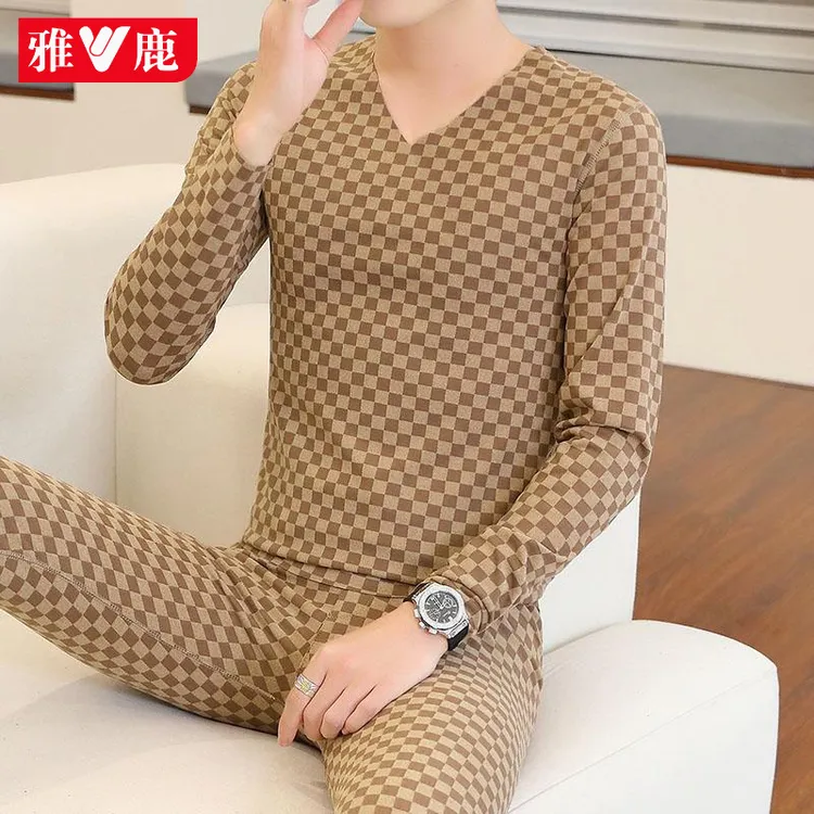 雅鹿冬季男士保暖内衣V领无痕秋衣秋裤套装贴身超薄加绒德打底衫