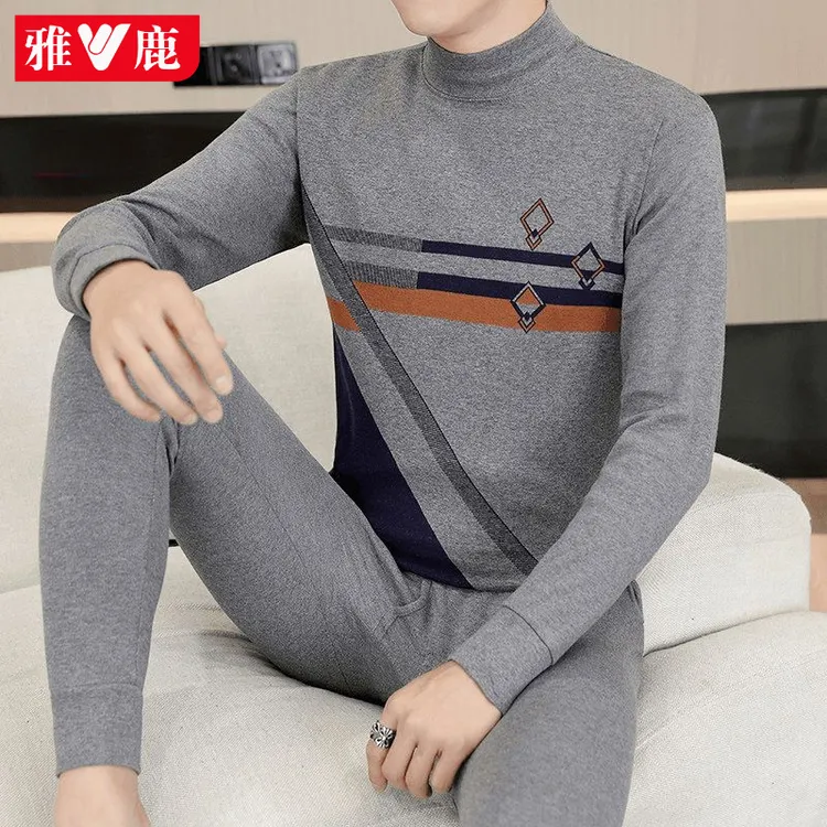 雅鹿男士秋衣秋裤秋冬季青年中高领保暖内衣套装提花棉毛衫打底衫