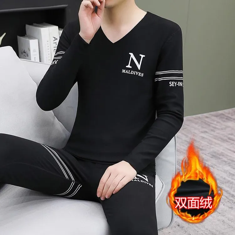 雅鹿男德绒套装秋冬无痕保暖内衣青年修身V领打底衫大码秋衣秋裤