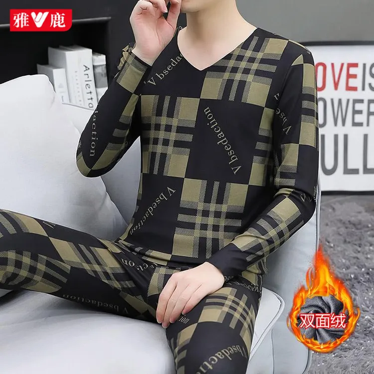 雅鹿秋冬季保暖内衣男双面德绒无痕打底衫中青年V领秋衣秋裤套装