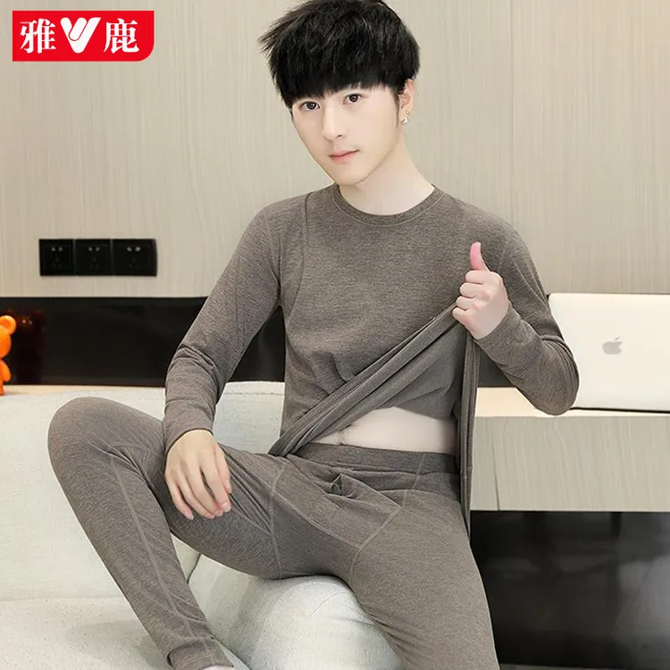 雅鹿秋冬男士秋衣秋裤套装发热德绒打底衫儿童保暖内衣发热棉毛衫