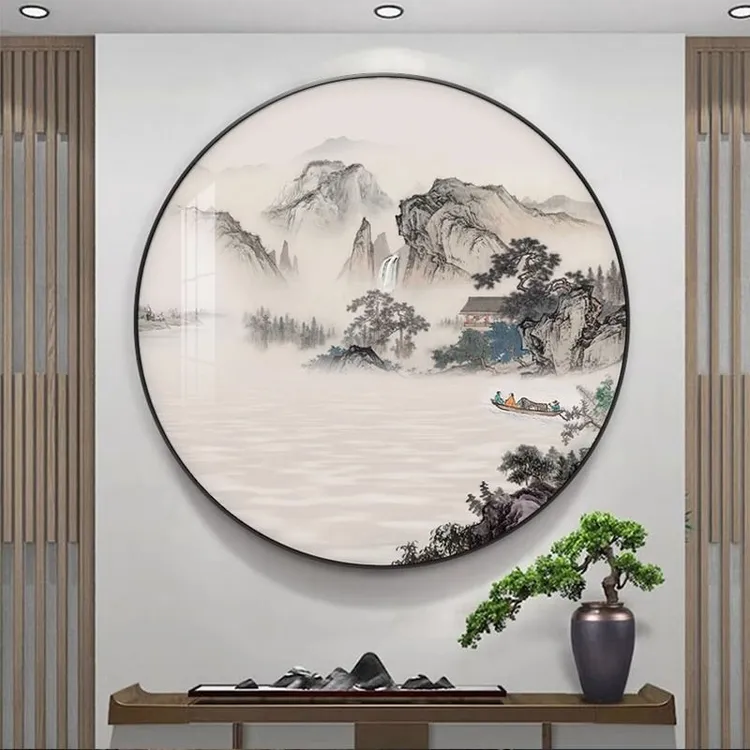 新中式圆形装饰画客厅入户玄关画山水风景壁画水墨画茶室高档挂画