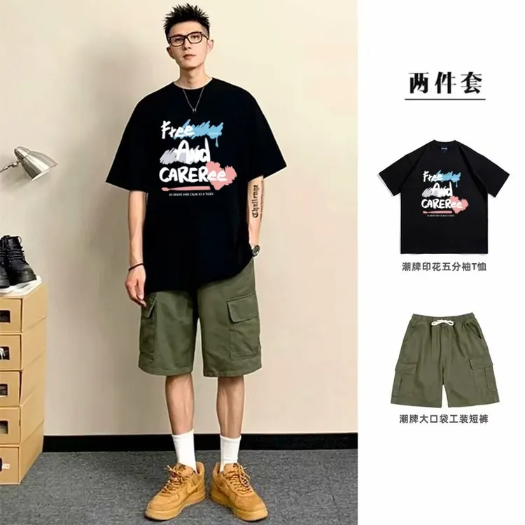 痞帅美式潮牌夏季短袖男士套装帅气宽松工装短裤薄款青少年两件套