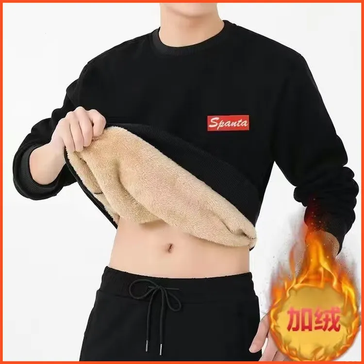 加绒加厚男长袖外套套头卫衣冬季新款上衣防寒无帽圆领保暖羊羔绒