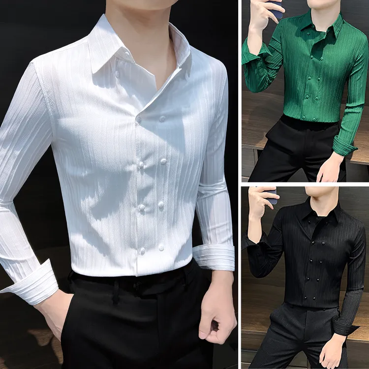 双排扣条纹衬衫男款长袖秋冬洋气上档次男装痞帅褶皱男士休闲衬衣