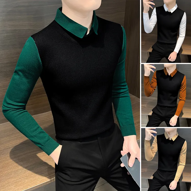 假两件毛衣男款长袖衬衫领针织衫秋冬款时尚潮流高级感男士打底衫