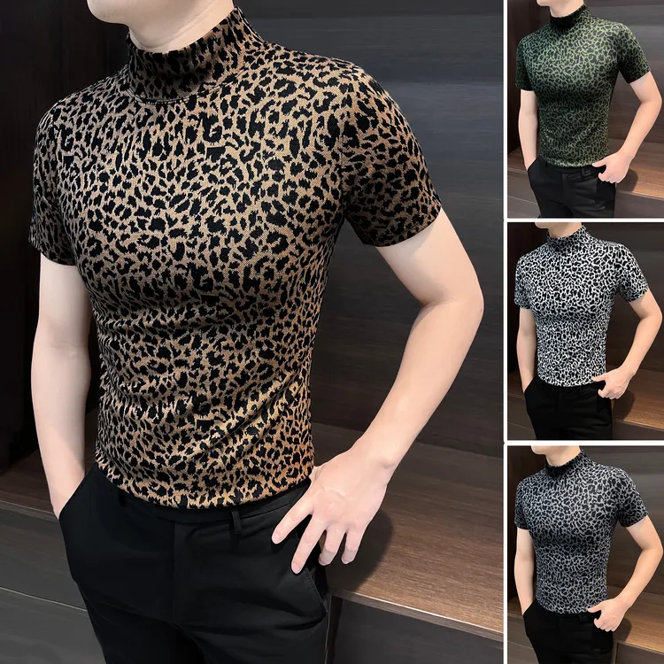 网红款豹纹短袖T恤男款半高领2025新款秋冬款男装帅气内搭打底衫