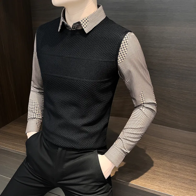 假两件衬衫领毛衣男士春秋款洋气上档次男装针织衫痞帅格子打底衫