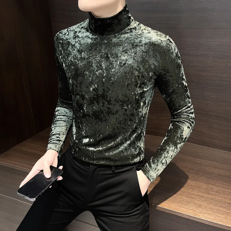金丝绒男士长袖T恤秋冬网红款男装半高领2025流行衣服男款打底衫