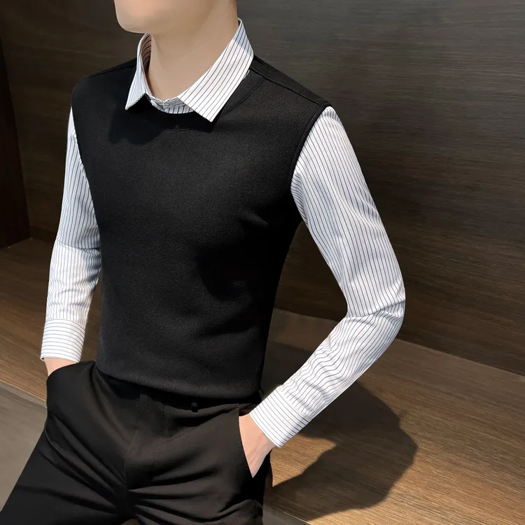 假两件衬衫男款长袖打底衫2024秋冬季高贵上档次男装条纹男士衬衣