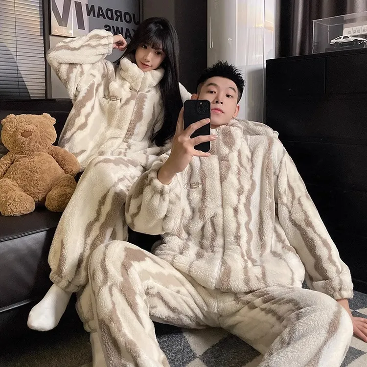 休闲条纹情侣睡衣女秋冬季珊瑚绒加绒加厚保暖男士冬天家居服套装