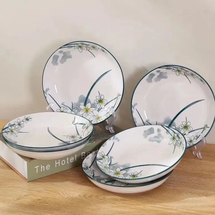 水仙花6.5盘子10只装凉菜盘高温釉下彩人工手绘耐高温可微波炉