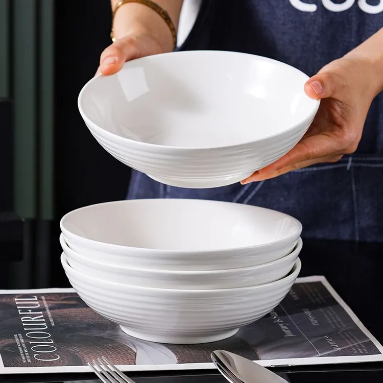 7英寸横纹碗加深加厚高温釉下彩纯白可微波炉深口汤碗盘菜盘