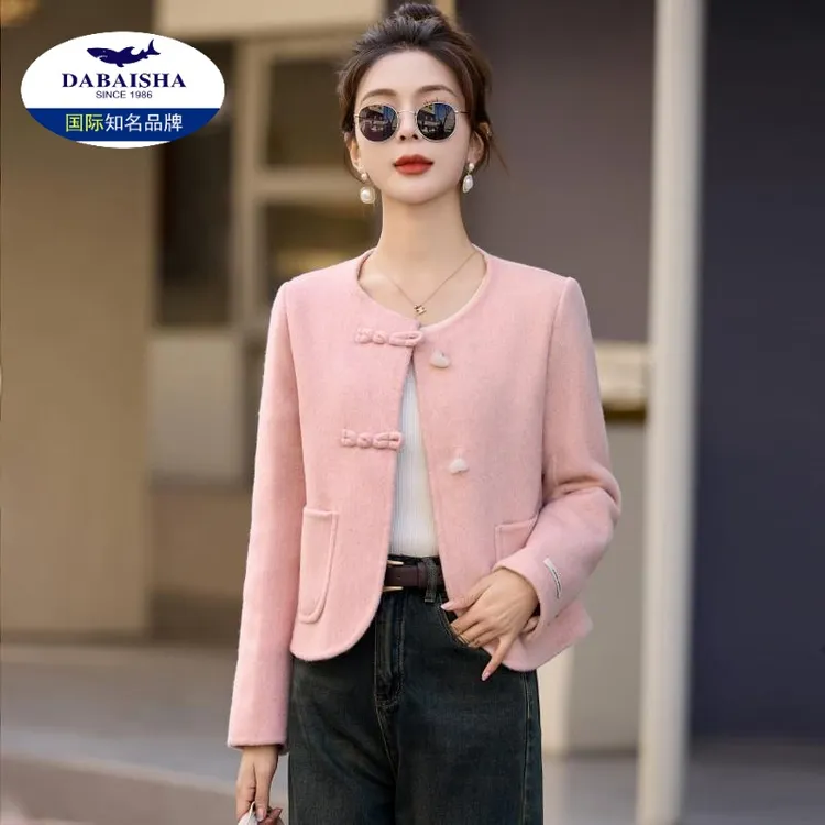 新中式毛呢短外套女2024春装新款小个子圆领长袖双面呢上衣女