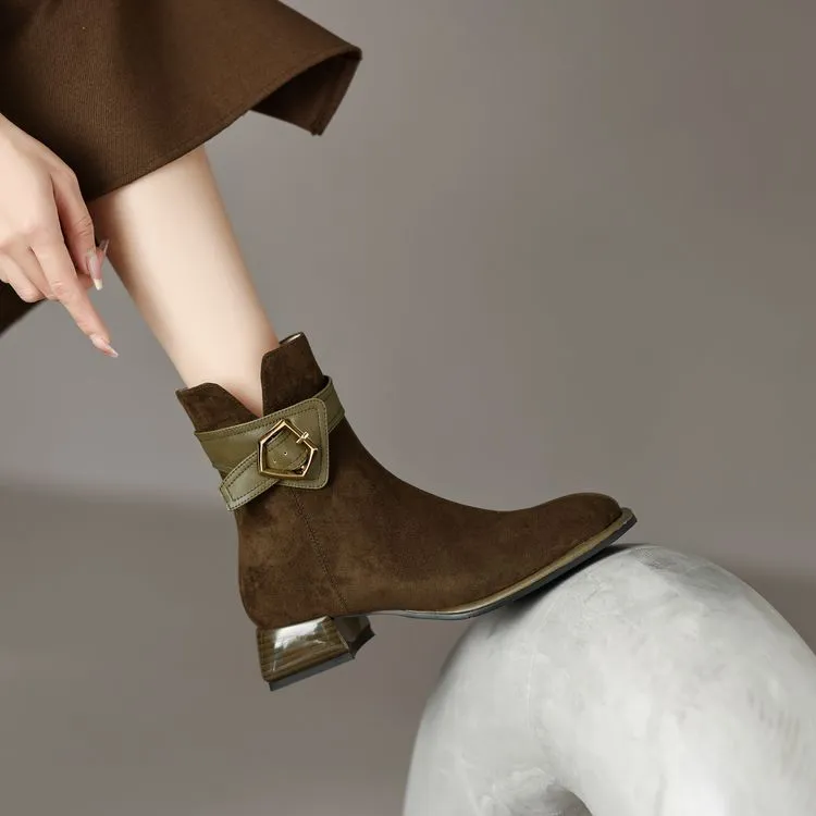 真皮4cm粗跟短靴女方头踝靴春秋单靴法式复古皮带扣拼接秋冬