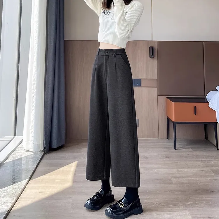 黑灰色毛呢直筒裤女2025年春秋加绒高腰显瘦小个子九分休闲阔腿裤