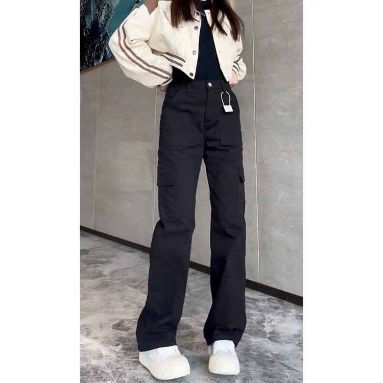 黑色美式直筒工装裤女款春秋2025新款加绒高腰窄版复古阔腿运动裤