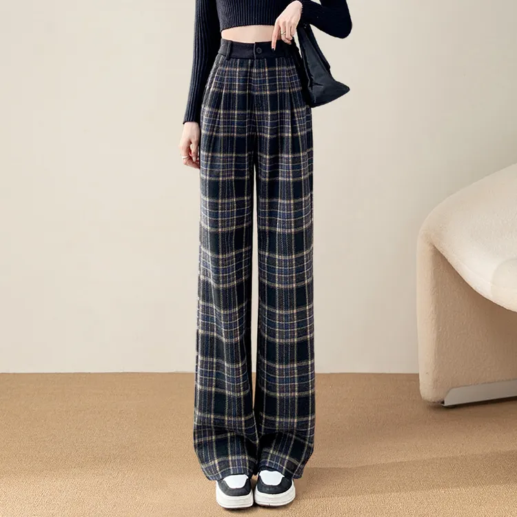 加长毛呢窄版阔腿格子裤女秋季2025新款高腰垂感宽松慵懒风直筒裤