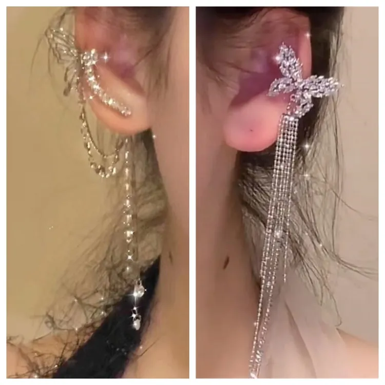 合金耳饰 超仙甜美水钻蝴蝶流苏耳骨夹无耳洞女轻奢百搭耳饰耳夹